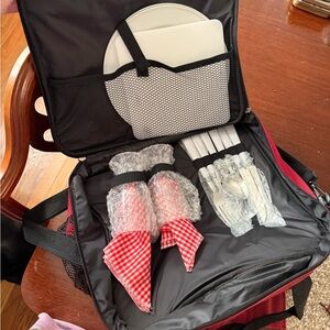 Red and Black Picnic Set with Plates and Utensils. Cooler section.